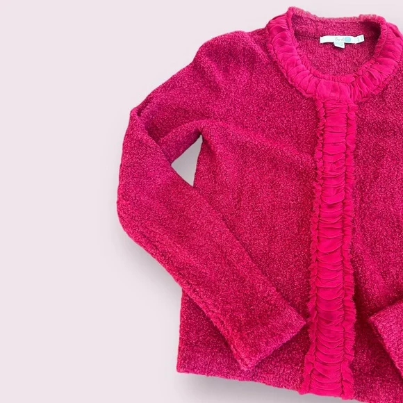Women’s Boden Wool Cotton Nylon Blend Soft Cardigan With Ruffle Collar Size 8 - Picture 4 of 10